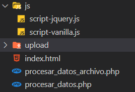 Estructura de archivos envio de formularios php javascript async  await